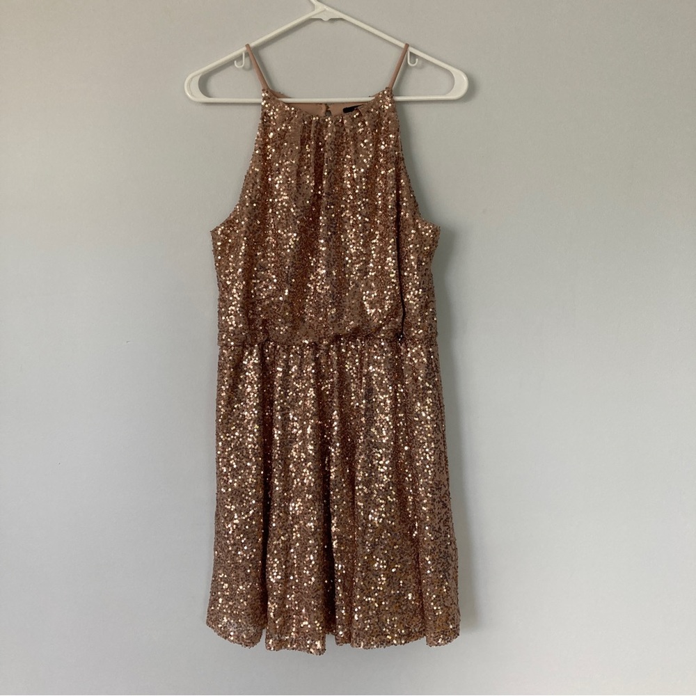 Sequined Halter Cocktail Dress in Rose Gold